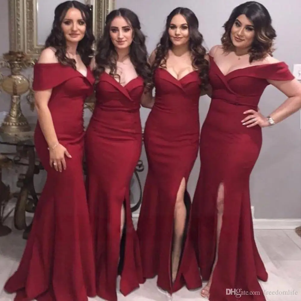 

2020 charming Burgundy Mermaid Bridesmaid evening Dress Off The Shoulder V-neck Side Split Sweep Train Long Maid Of Honor Gowns