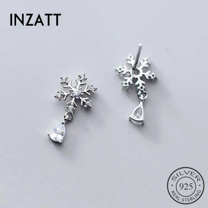 

INZATT Real 925 Sterling Silver Zircon Snowflake Stud Earrings For Fashion Women Party Fine Jewelry Cute Accessories Gift