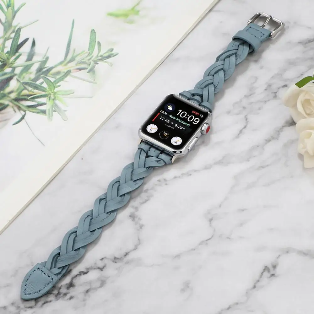 

New Leather Braided Single Loop Strap for Apple Watch 6 5 4 3 2 1 SE Lady Women Watchband for iWatch 44mm 40mm 42mm 38mm Belt
