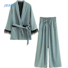 JESSIC с голубым принтом кимоно куртка и головной повязкой с пером рукава широкие брюки Cuasal принт простыня широкие брюки для женщин в винтажном стиле; Костюмы