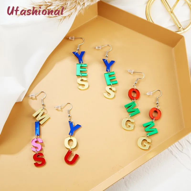 miss you yes no omg letter colorful dangle arcylic earrings big drop for women jewelry Brincos Acrylic Femme Earring | Украшения и