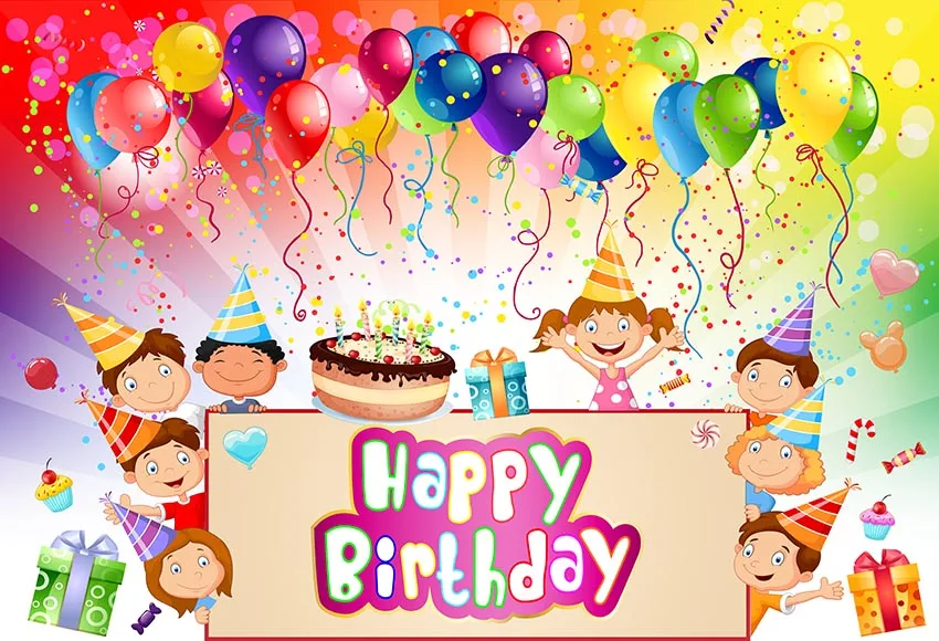 

Виниловый фон для фотосъемки с изображением празднования дня рождения, шапки, шаров, тортов, подарков, 7 Х5 футов, 220 см X 150 см