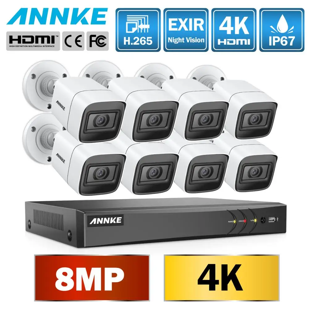 ANNKE 4K HD ультра прозрачная 8-канальная система безопасности Видео H.265+ DVR с 8 шт. 8MP ИК Открытый всепогодный CCTV камера видеонаблюдения комплект