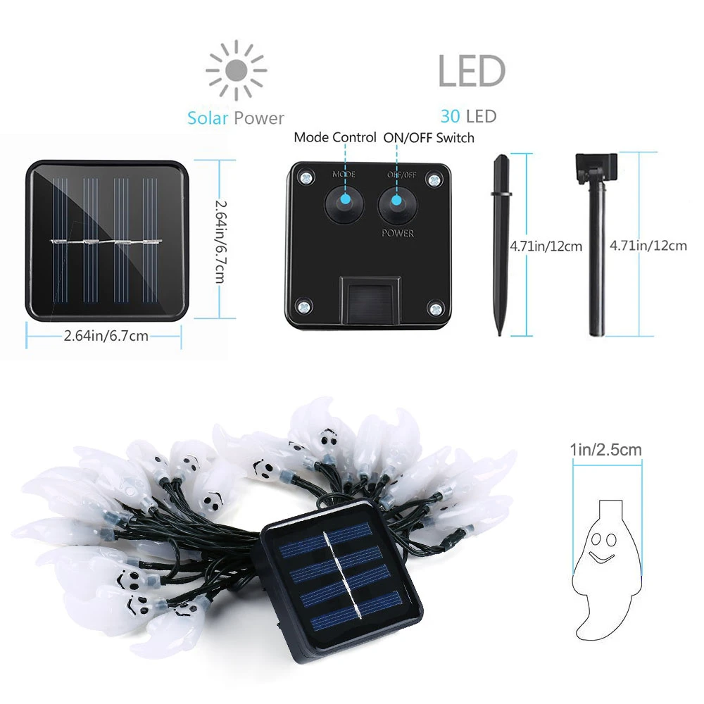 Solar Halloween String Lights 20/30/50LED 8 Modes Waterproof Cute Ghost for Easter Christmas Holiday Decorations | Освещение