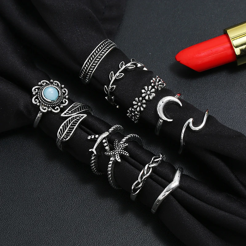 Комплект модных колец в богемном стиле 11 шт./компл. ретро с листьями цветами