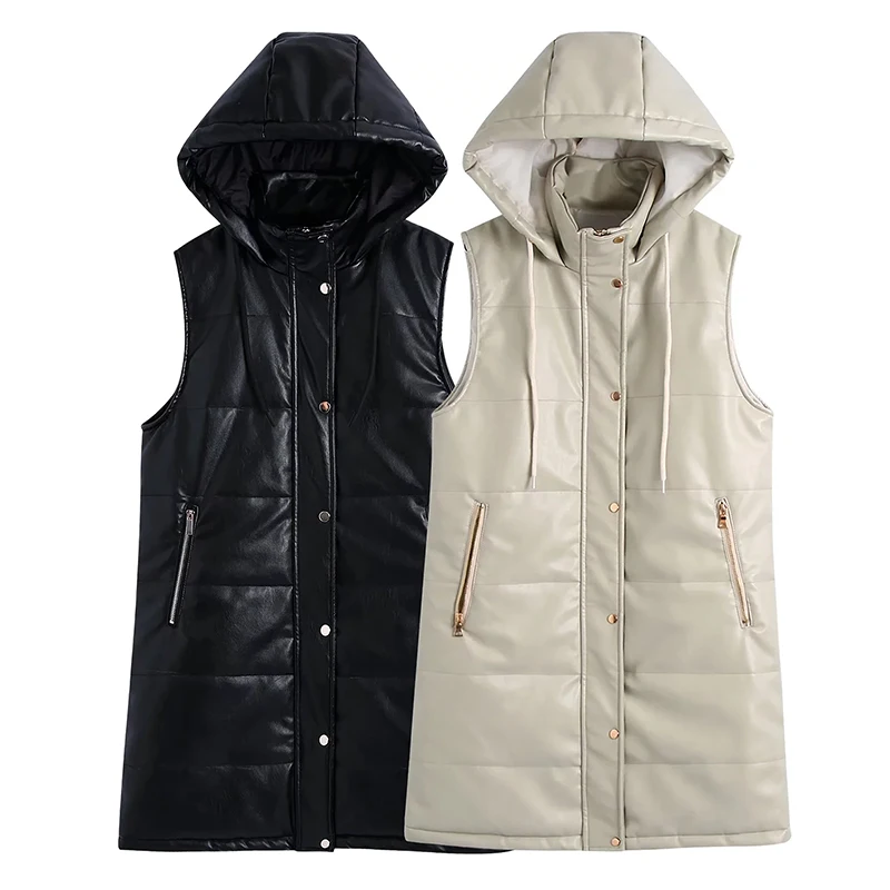 2022PU Faux Leather Long Parka Coat Hooded Single Breasted Waistcoats Women Winter Warm Thick Cotton Vest Casual Loose Outerwear