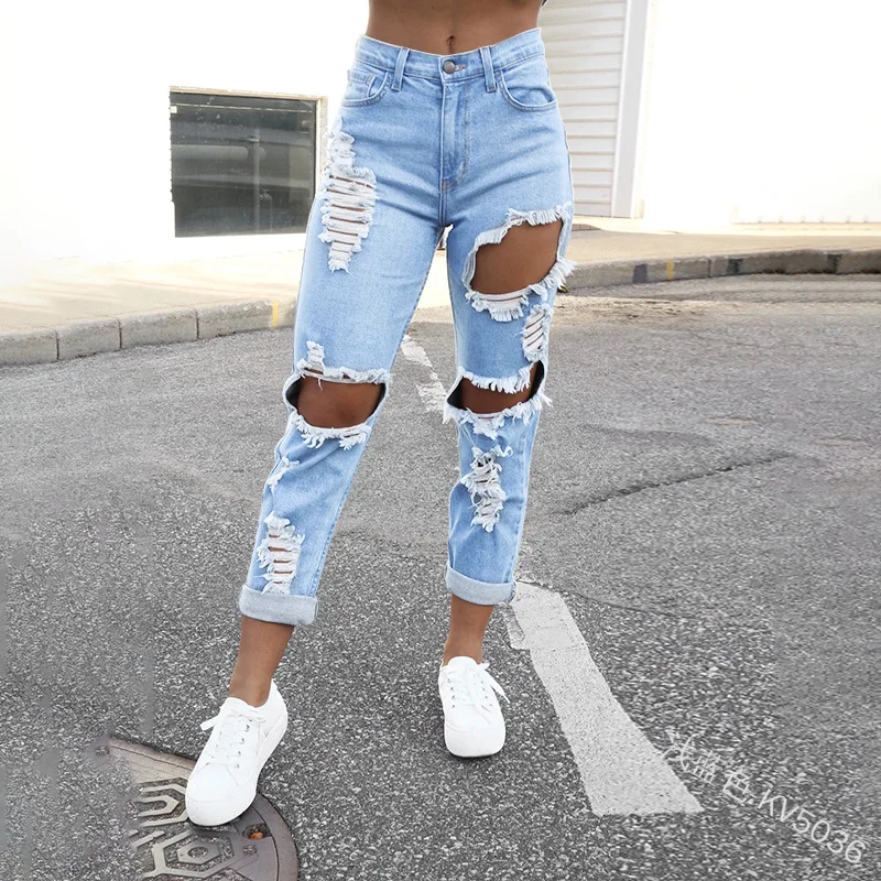 

WEPBEL Women Fashion Trousers Denim Trousers Pants Jeans Ripped Jeans High Waist Women's Pocket Bleached Holes