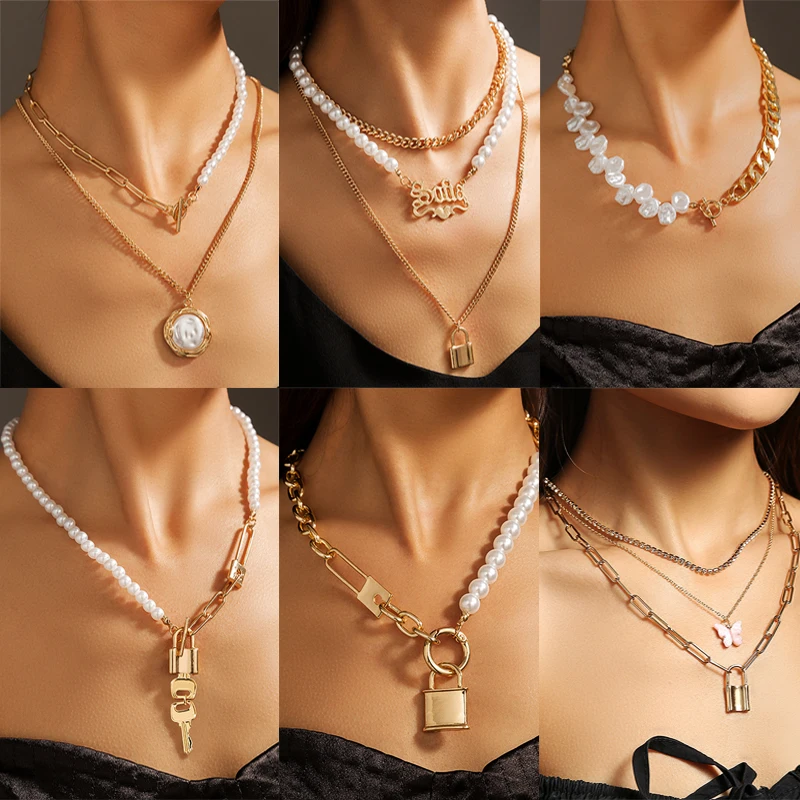 

Vintage Baroque Irregular Pearl Lock Chains Necklace Geometric Lock Key Butterfly Pendant Love Necklaces for Women Punk Jewelry