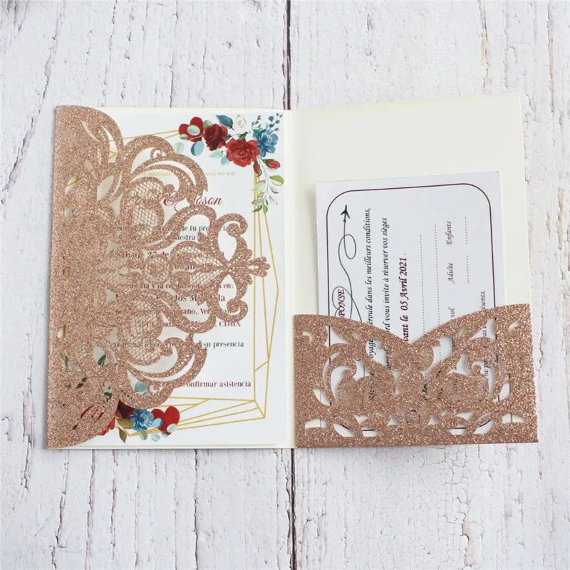 Блестящая лазерная резка пригласительная карта тройного сложения карманные