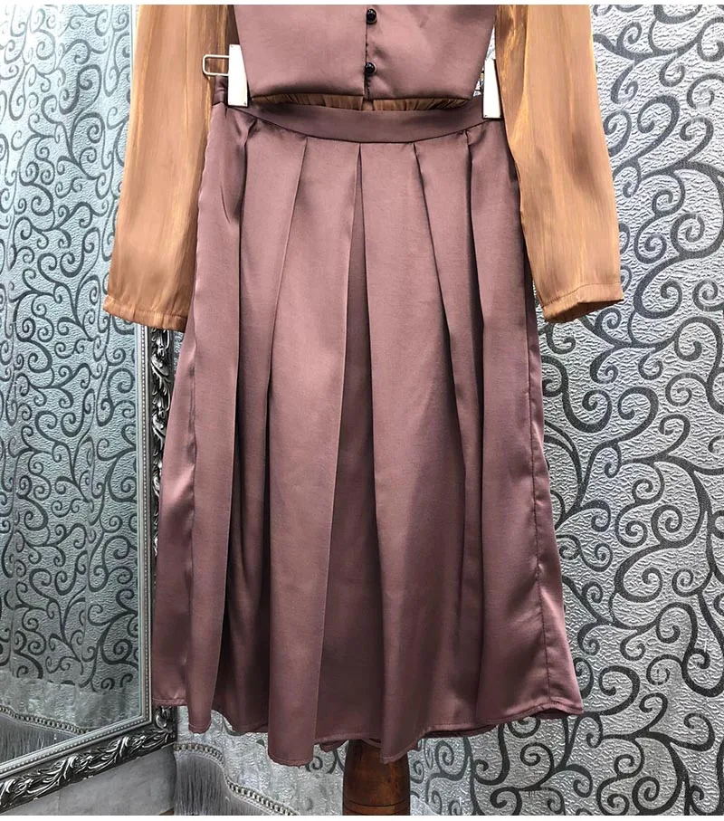 

Piece Outfits Two 2021 Autumn Fashion Skirt Suits Women V-Neck Color Block Patchwork Long Sleeve Button Tops+Pleated Skirt Sets