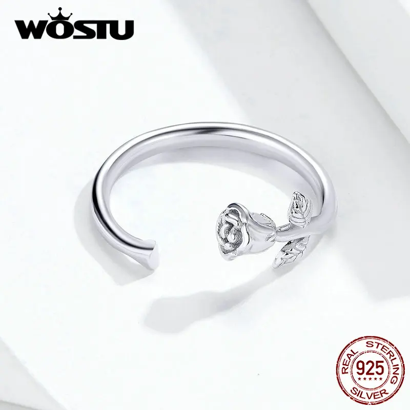 WOSTU, настоящее 925 пробы Серебряное обручальное кольцо, Нежная роза, регулируемые кольца на палец для женщин, модное ювелирное изделие CTR065