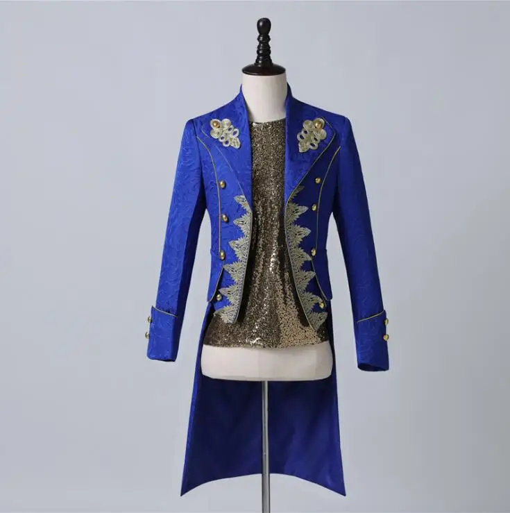 

Blue blazer men suits Palace prince golden long embroidery jacket mens stage costumes singers clothes dance star style dress
