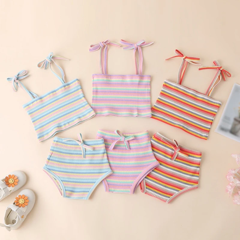 

Ins Baby Girl Clothes Set Summer Pit Stripe Sling + Shorts Clothing Newborn Baby Girls Swimming Suit Rainbow Outfits 0-2 Years