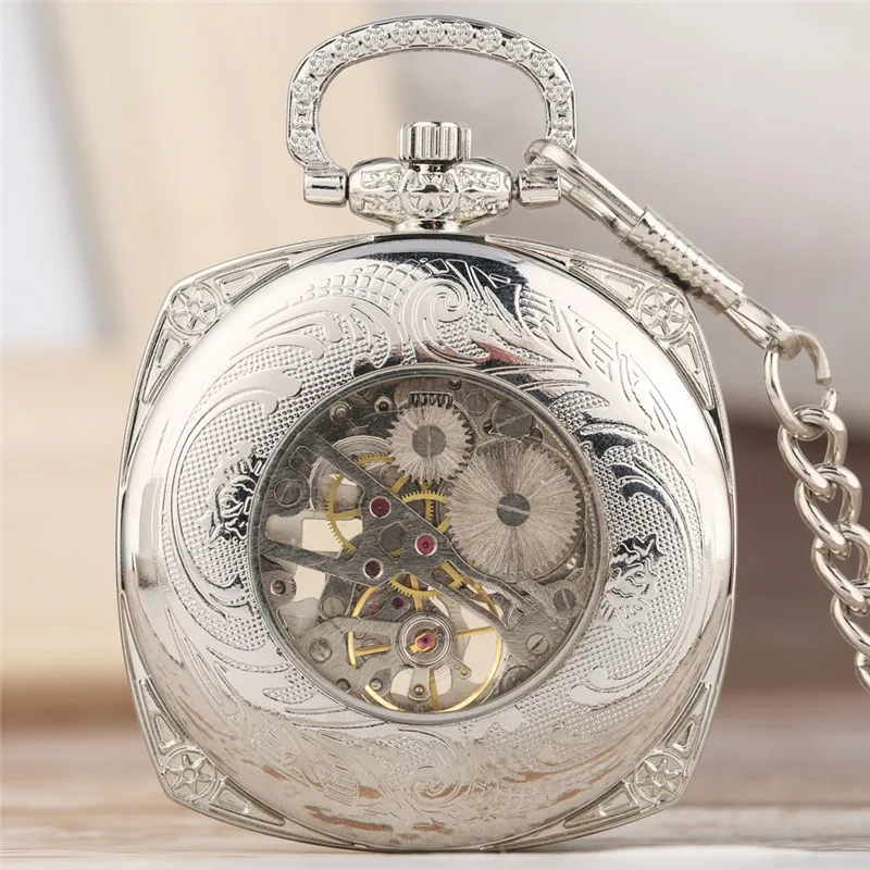 Silver Square Hand-Winding Mechanical Pocket Watch for Men Women Roman Numeral Luminous Hands Pendant Chain Skeleton Clock Gift