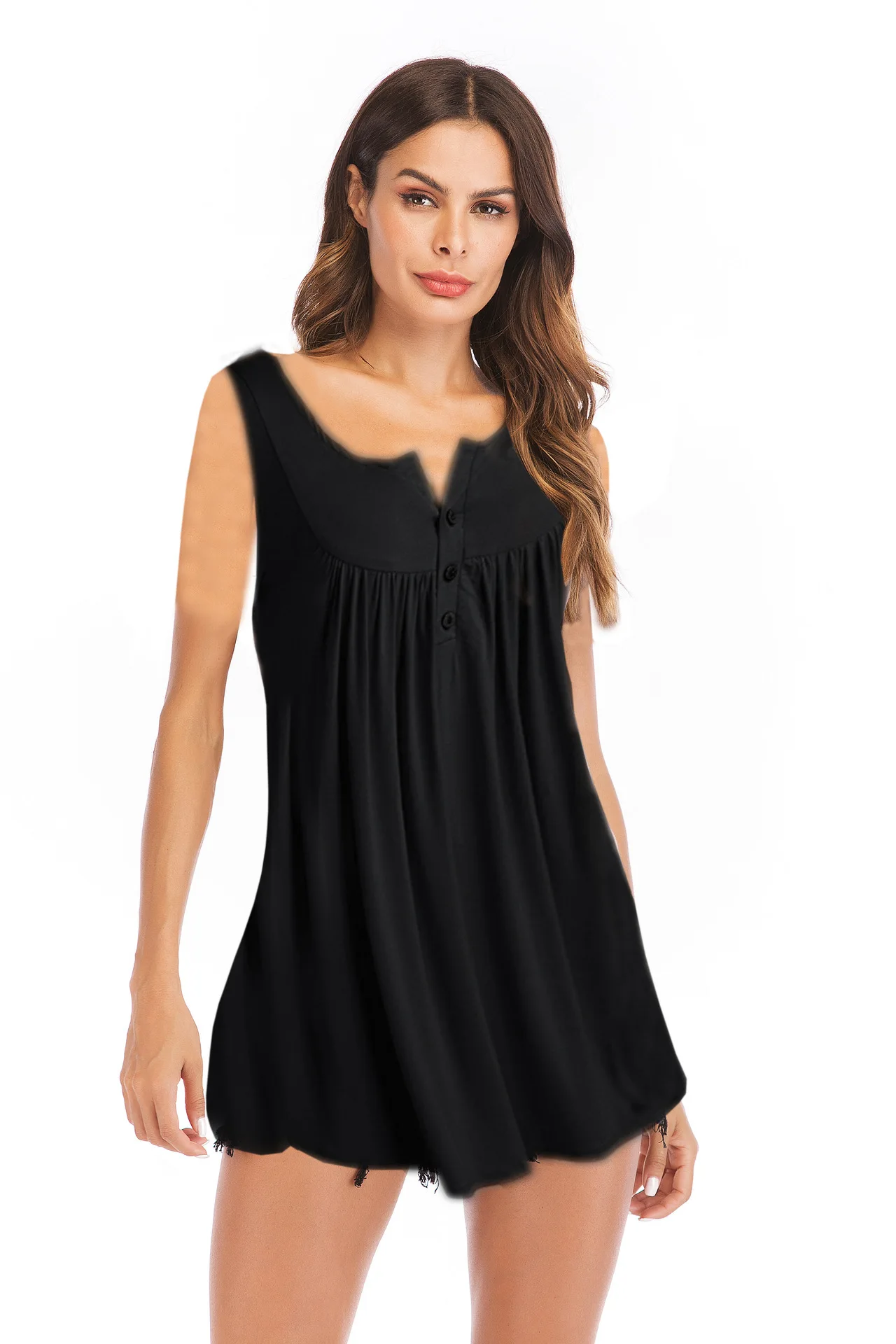 

2021 summer V-neck button pleated vest T-shirt Pure color casual top black
