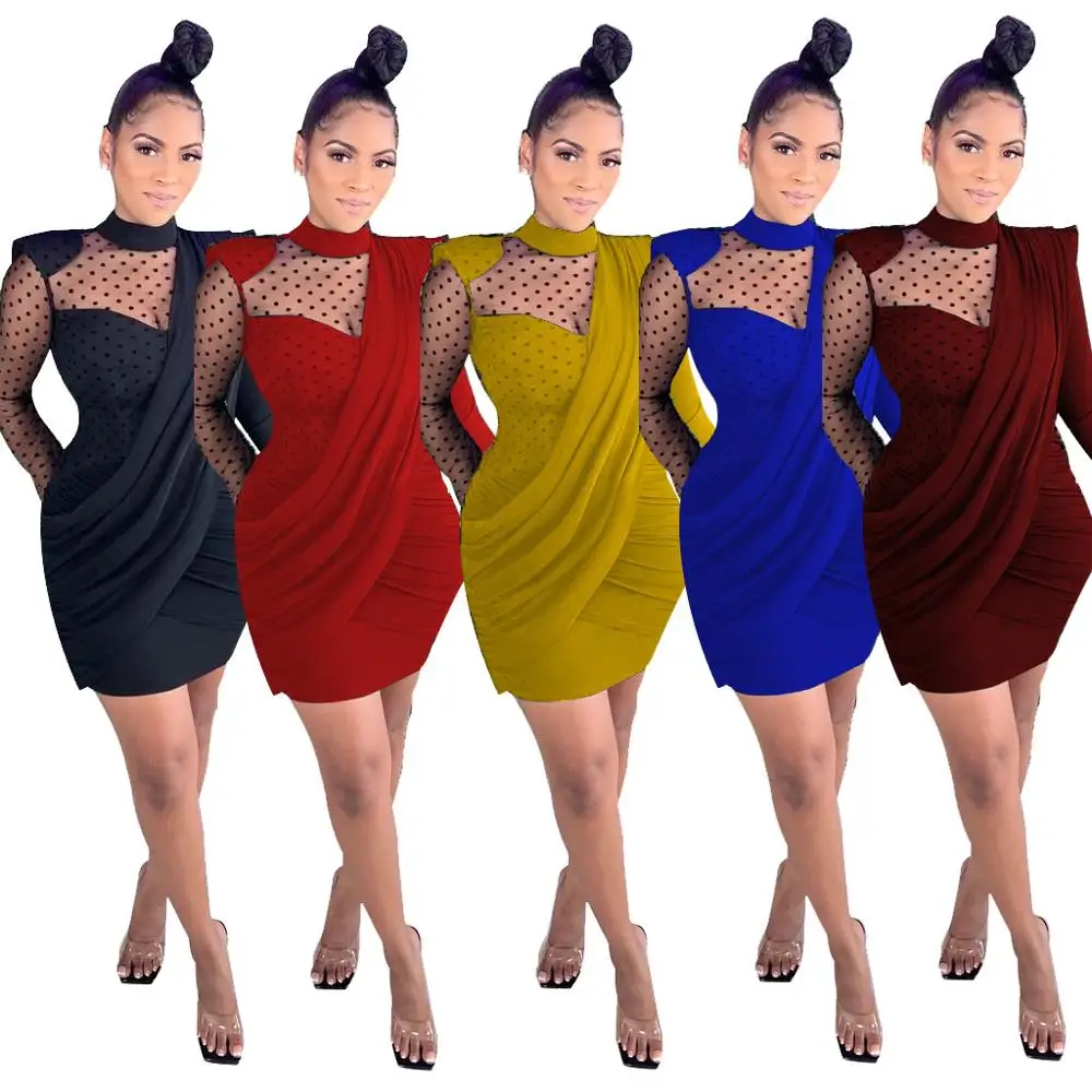 

Adogirl Sexy Party Club Dress Solid Draped Mesh See Through Bodycon Mini Dress O Neck Long Sleeve Pencil Short Dress Vestido
