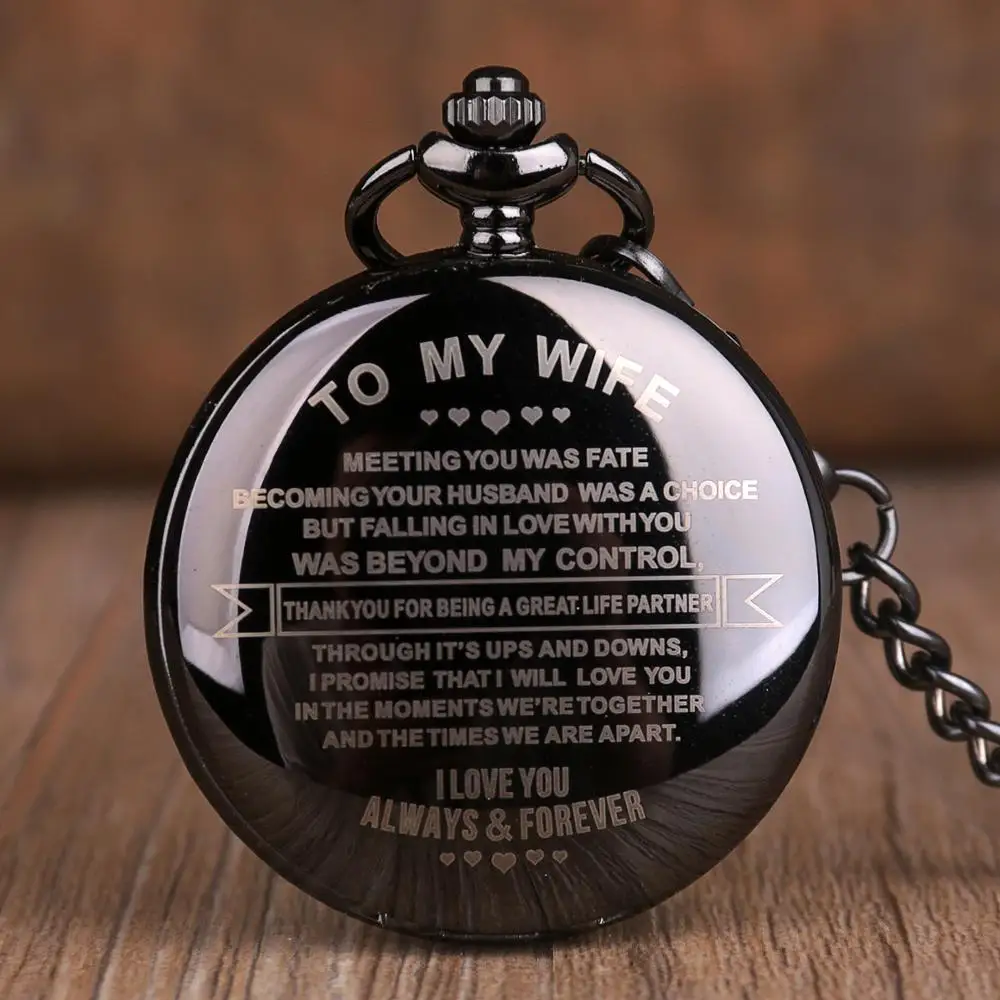 

New Fashion Black Creative Lettering "To My Wife" Quartz Pocket Watch Romantic Souvenir Best Gifts Wife Fob Chain
