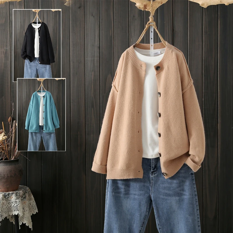 

Sweater Jacket Women's Solid Cardigan Retro Literary Round Neck Long Sleeve All-Match Casual Knitted Sweater Autumn Winter New