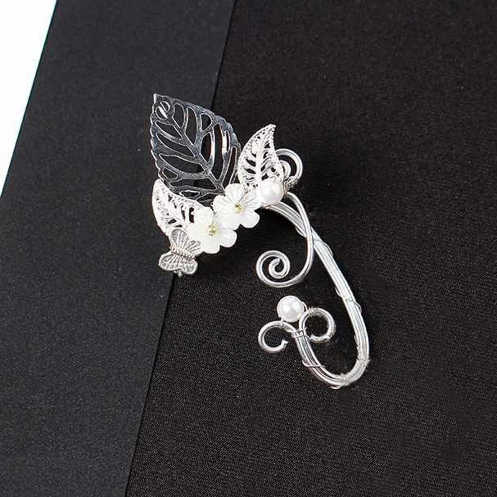 Chic Elf Pearl Hollowed Flower Leaf Cosplay Fairy Ear Wrap Cuffs Earrings for Women Girls Wedding Jewelry Halloween jewelry | Украшения и