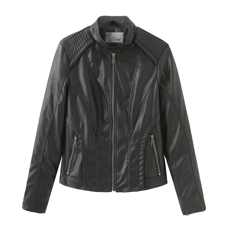 

2021 Brand Leather Women Short Slim Jacket Long Sleeve Thin PU Faux Leather Outerwear Coat Solid Zipper Jackets Womens Clothing