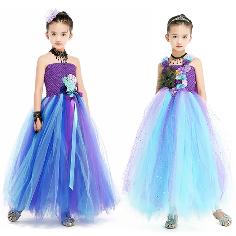 

Girls Flower Peacock Princess Tutu Dress Costumes Performance Show Long For Kids Children Birthday Wedding Party Cosplay Clothes