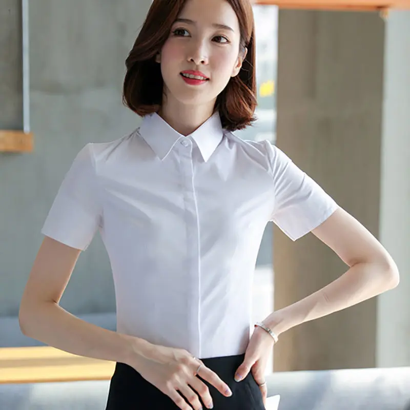 

Женская шифоновая блузка на пуговицах, однотонная Элегантная блузка с отложным воротником и коротким рукавом, весна-лето, SP949