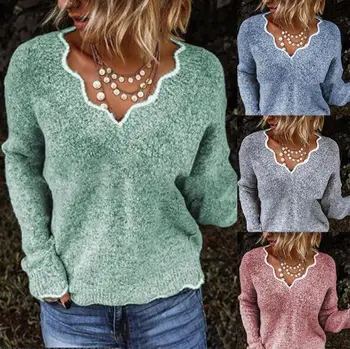 New Women Autumn Winter Knitted Sweater V-Neck Solid Color Pullover Long Sleeve Casual Tops Jumper Skin-Friendly And Comfortable 1