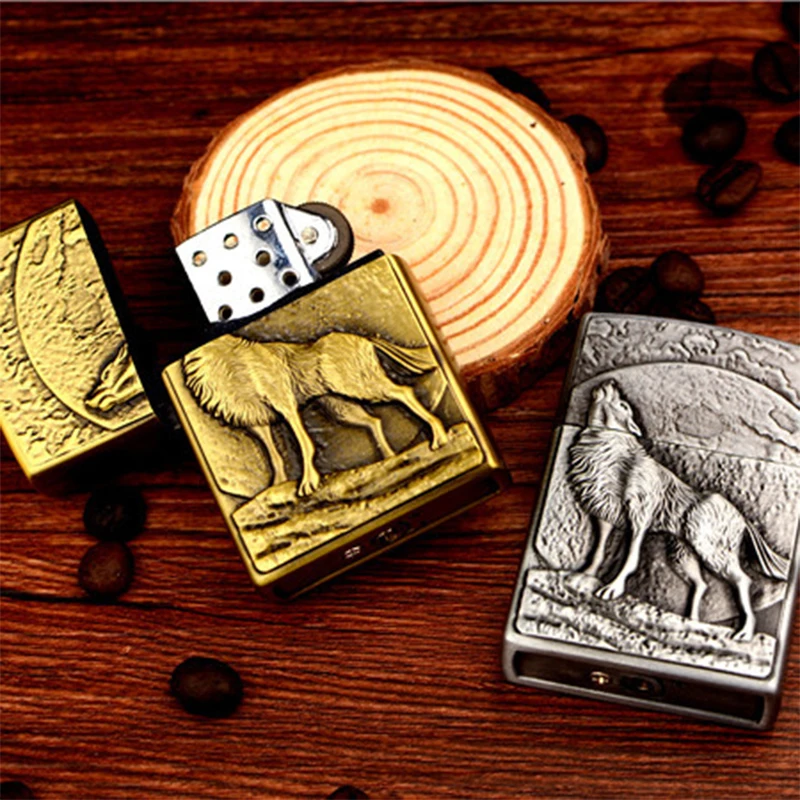 Винтажная рельефная Зажигалка на реактивных колесах Wild Wolf& Moon портативная сигаретная дымовая надувная Классическая Бутановая газовая зажигалка