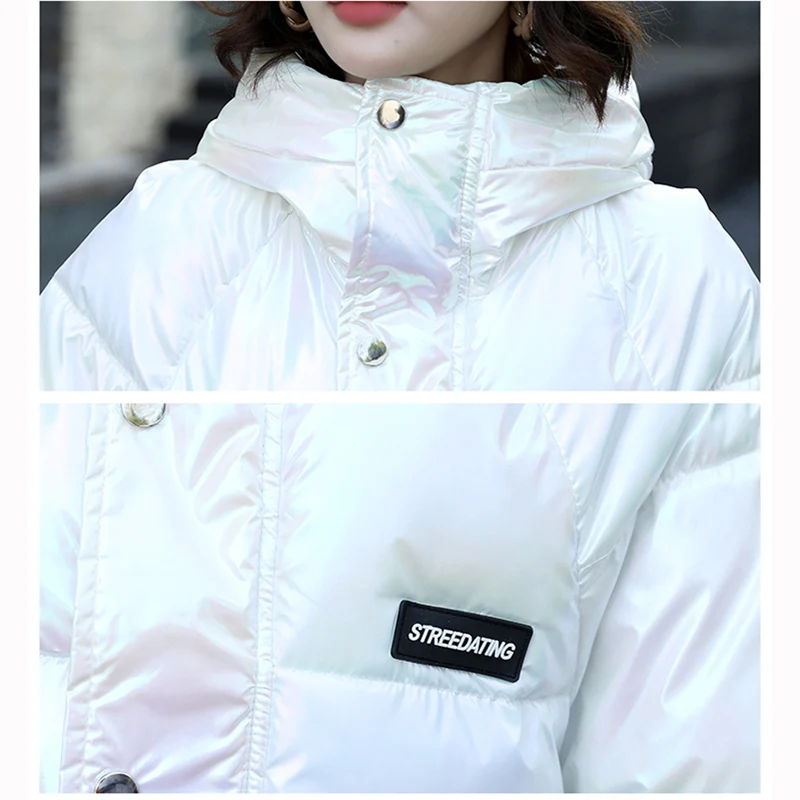 Fashion Cute Women Bright Pink Jacket Winter Warm Coats Shiny Parkas Zipper Jackets Waterproof Clothing Hooded Ladies Down Coat