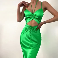 zoctuo lace up women solid satin 2 pieces halter hollow out midi dress drawstring ruched bodyocn sexy party elegant club 2021