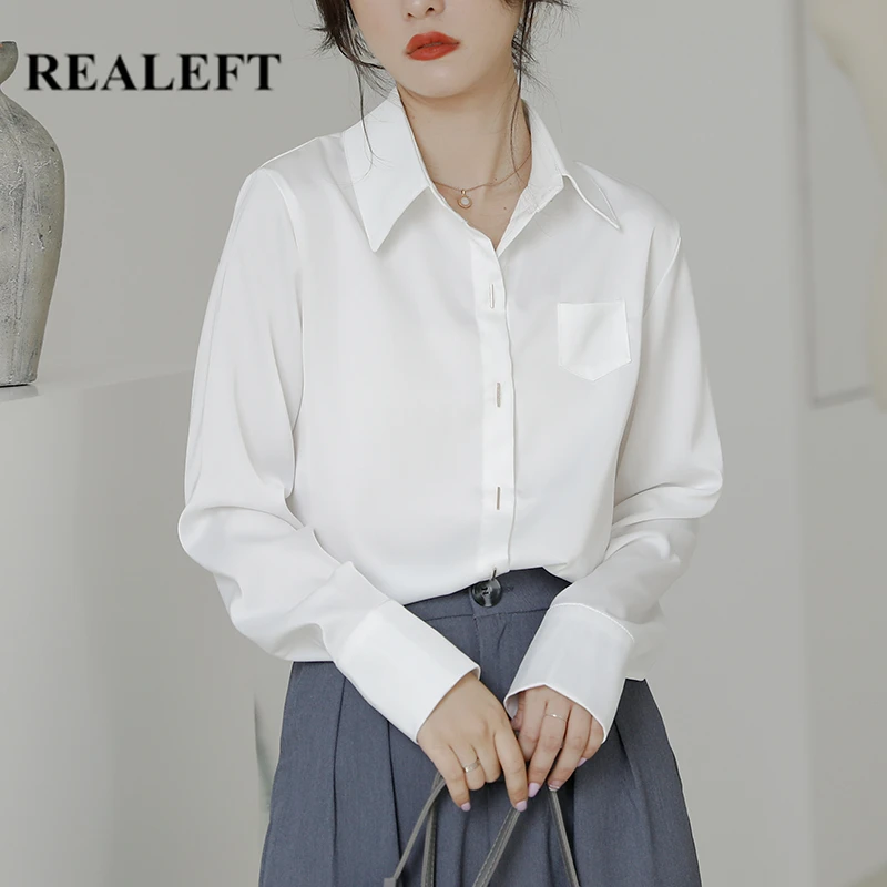 

REALEFT Stain Formal White Women's Blouse 2021 New Buttons Elegant One Pocket Casual Loose Workwear Shirts Tops Female Spring