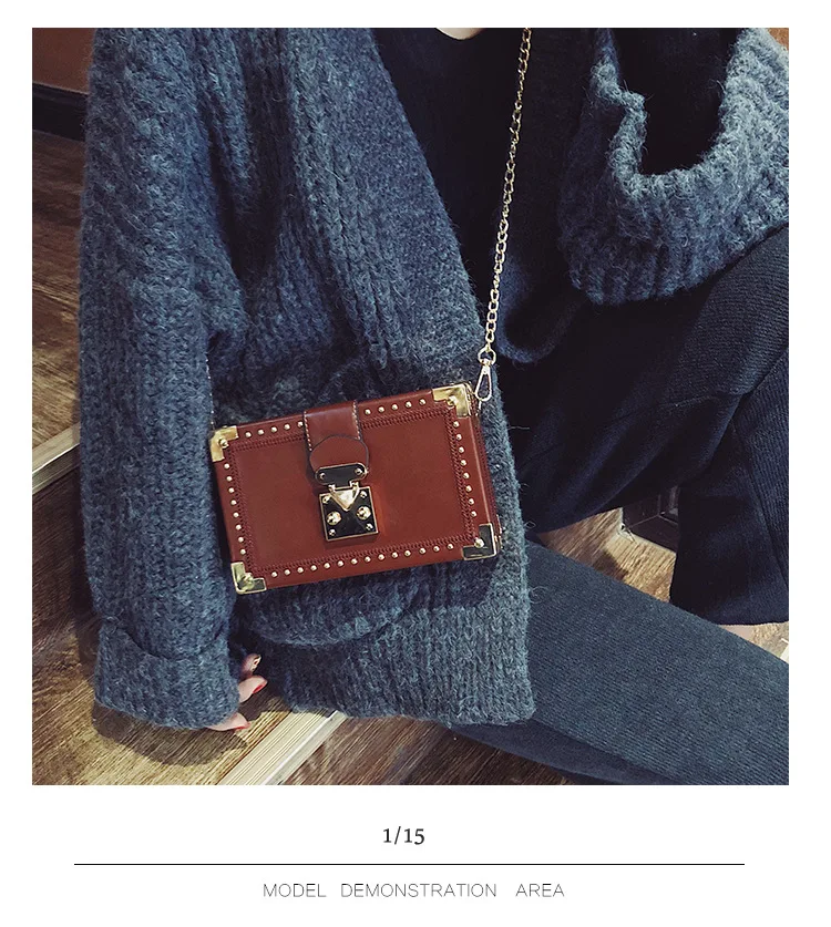 Fashion Vintage Rivet Designer Bag Box Style Buckle PU Women Clutch Bag Chain Purse Shoulder Bag Crossbody Small Flap Handbag