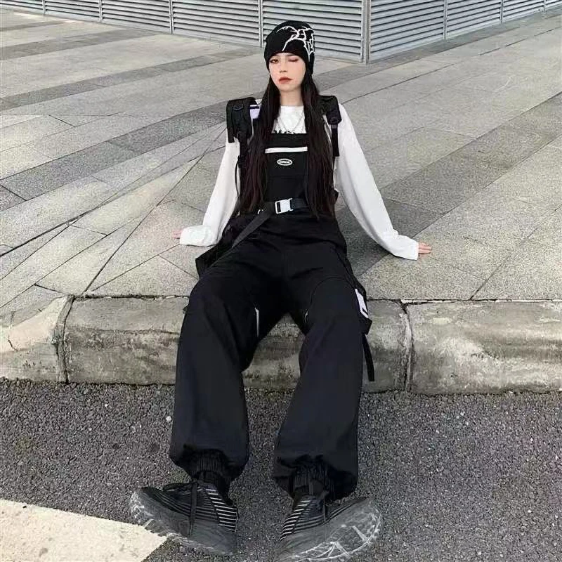 

Women Cargo Jumpsuits Detachable Overalls Black Street Hip Hop Style Loose High Waist Summer Korean 2021 Woman Straps Jumpsuit