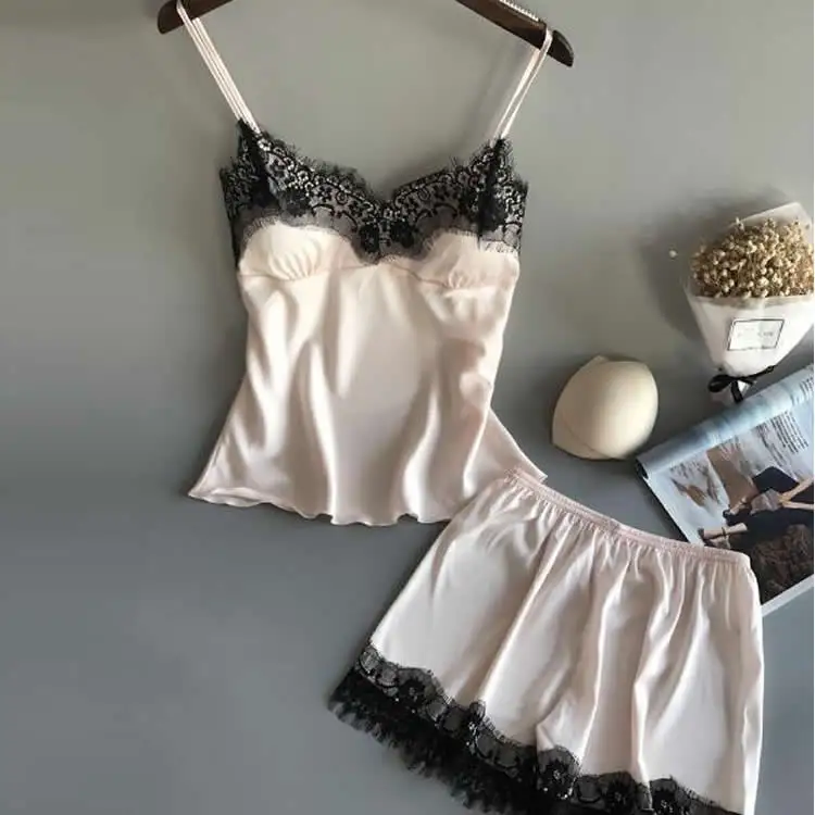 

Сексуальный пижамный комплект, женская одежда для сна, Черная кружевная Пижама с v-образным вырезом без рукавов, милый топ на бретельках и ко...