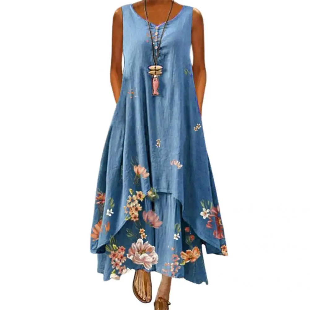 

Women Popular Buttons Round Neck Dress Long Loose Dress Printed for Vacation