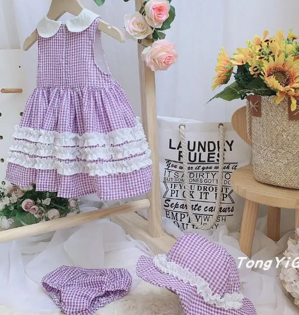 

Baby girl vintage summer Spanish England cute plaid princess kids embroidered lace stitching ball gown party dress