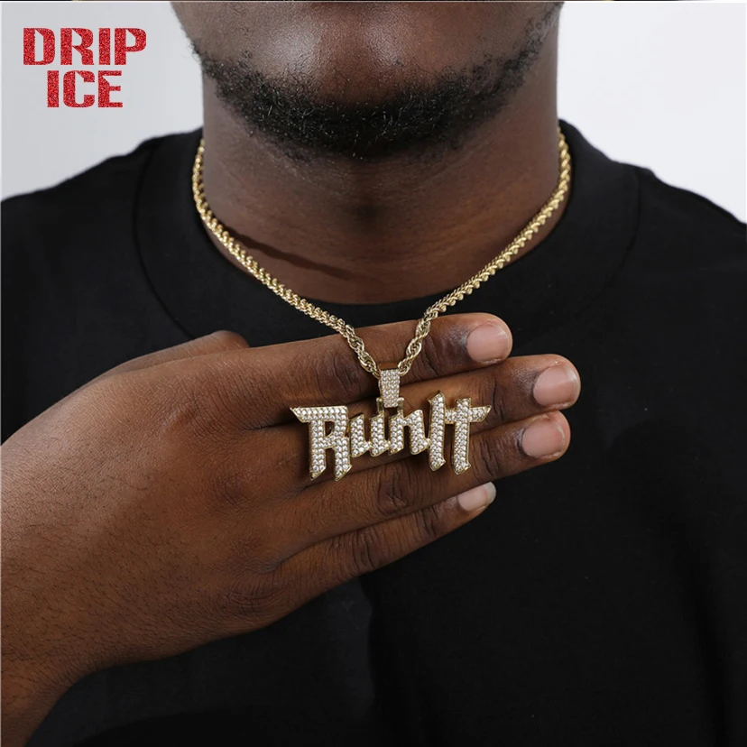 

DRIP ICE Hip Hop Bling Iced Out Cubic Zirconia Stone Letter Run It Necklace Pendants Men Tennis Chain Jewelry With Solid Back