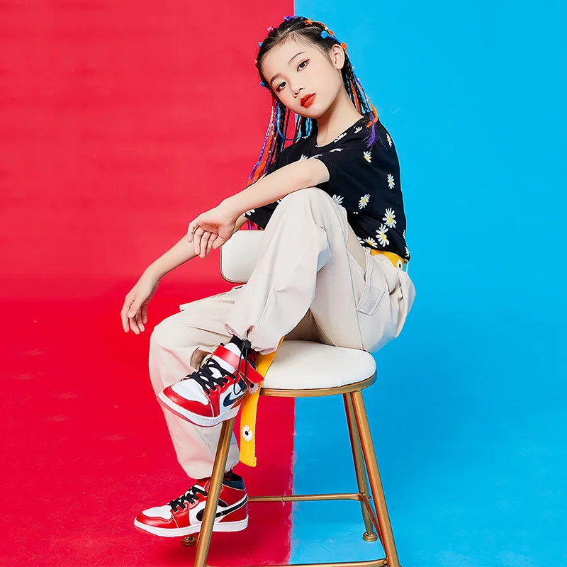 

2020 Children'S Street Dance Suit Black Print Top Cutout Pants Hip Hop Costumes Girls Jazz Performance Outfit Stage Wear