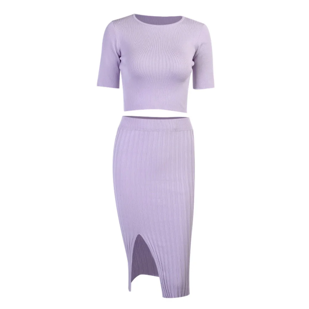 

2021 Spring Crop Top T Shirt + Midi Bodycon Skirt Two Piece Set Women Knitted Purple 2 Piece Set Short Sleeve Shirt Split Skirt
