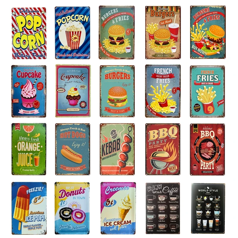 

Retro BBQ Hamburger Popcorn Hot Dog Fries Cupcake Coffee Menu Ice Cream Poster Metal Tin Signs Pub Bar Fast Food Shop Wall Decor