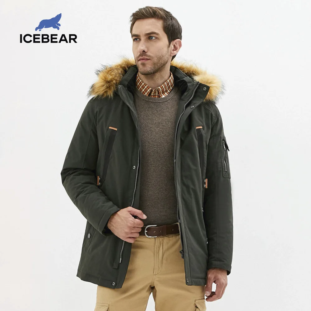 Новинка 2021, зимняя мужская куртка ICEbear, хлопковая куртка средней длины с меховым воротником, брендовая одежда MWD20897D