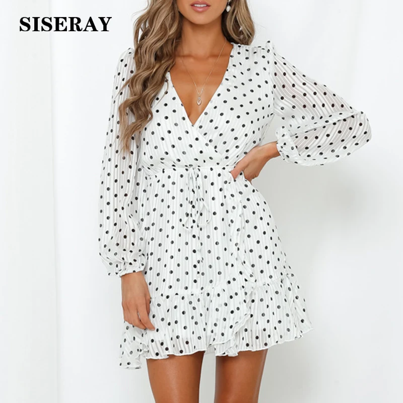 Элегантное белое шифоновое платье в горошек женское с длинным рукавом и