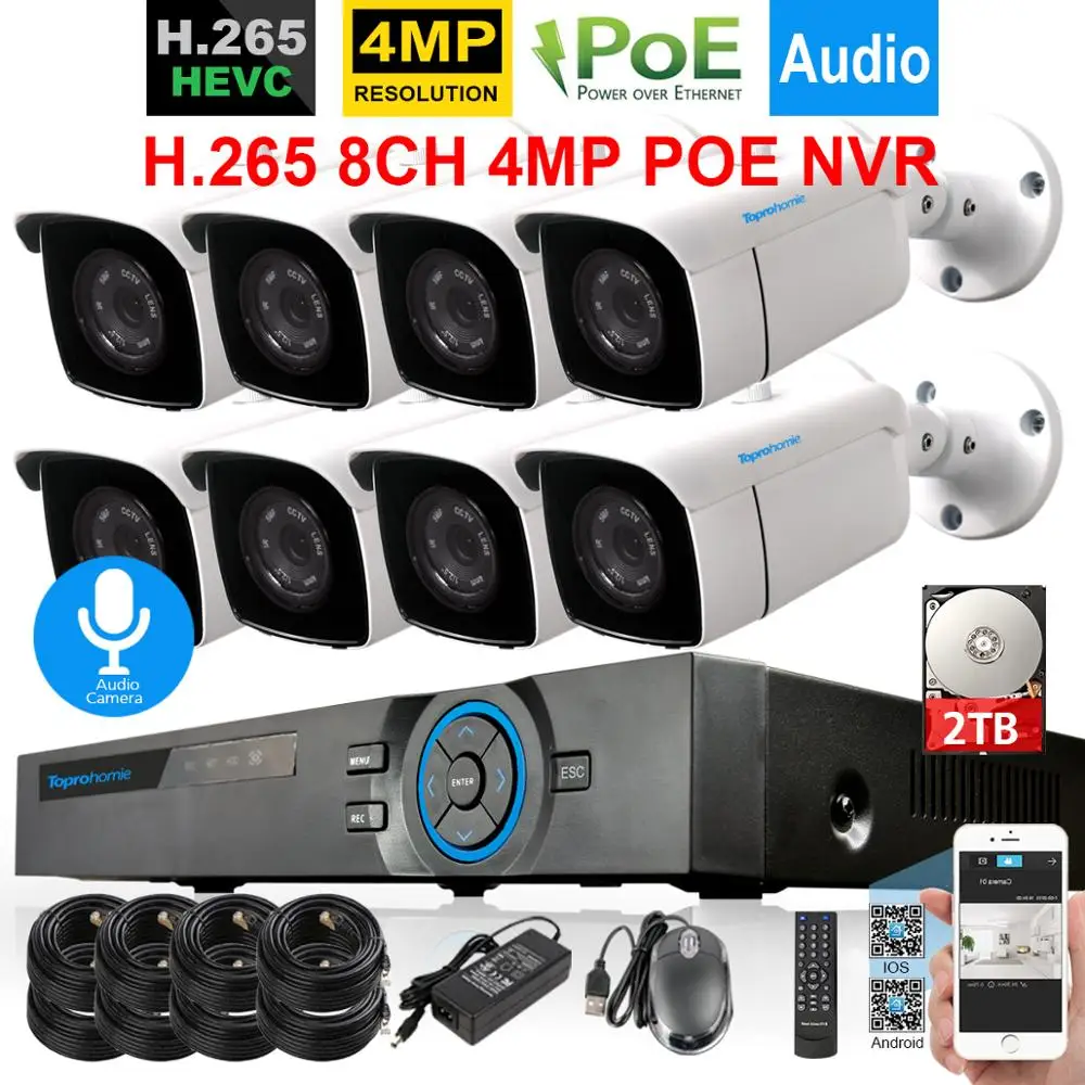 Аудио H.265 8CH 4MP POE NVR CCTV системы 8 шт. безопасности наружная аудио запись звук ip