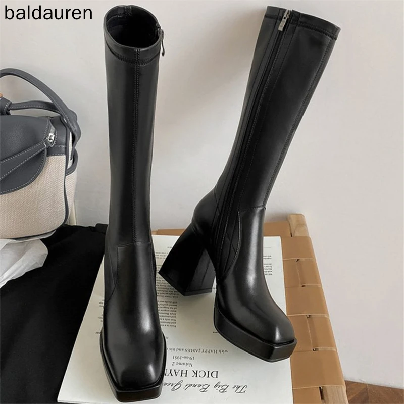 

Женские сапоги на высоком каблуке Termainoov, теплые зимние сапоги до колена на массивном каблуке, модные высокие сапоги