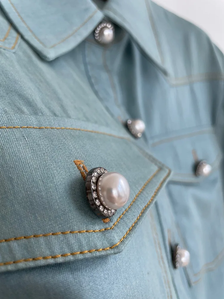

2021 Summer Printed Pearl Button Denim Shirt Thin Short Lantern Sleeve Blouse