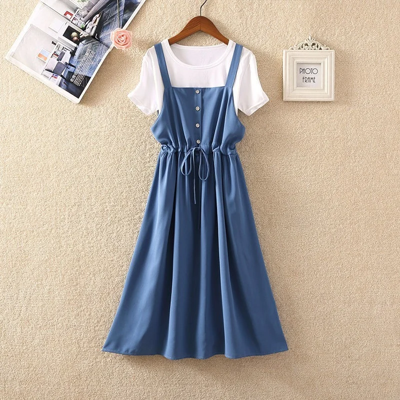 

Dress Sets Womens Outfits 2021 O-neck Short Sleeve White Top + High Waist Midi Strap Dresses Two Piece Set Women Summer Y158