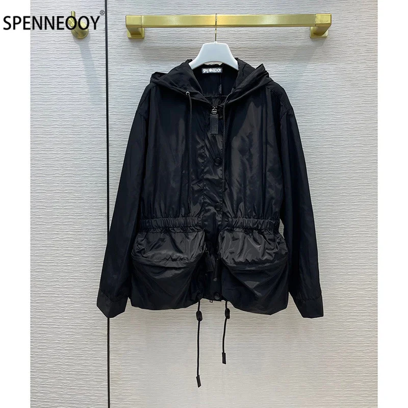 

SPENNEOOY Designer Brand Autumn Fashion Black Nylon Jackets Coat Women Fashion Long Sleeve Thin Light Short Outwear