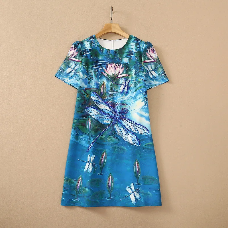 

European and American women's wear for summer 2021 Short sleeved nail beads sequins dragonfly lotus print Fashion dress