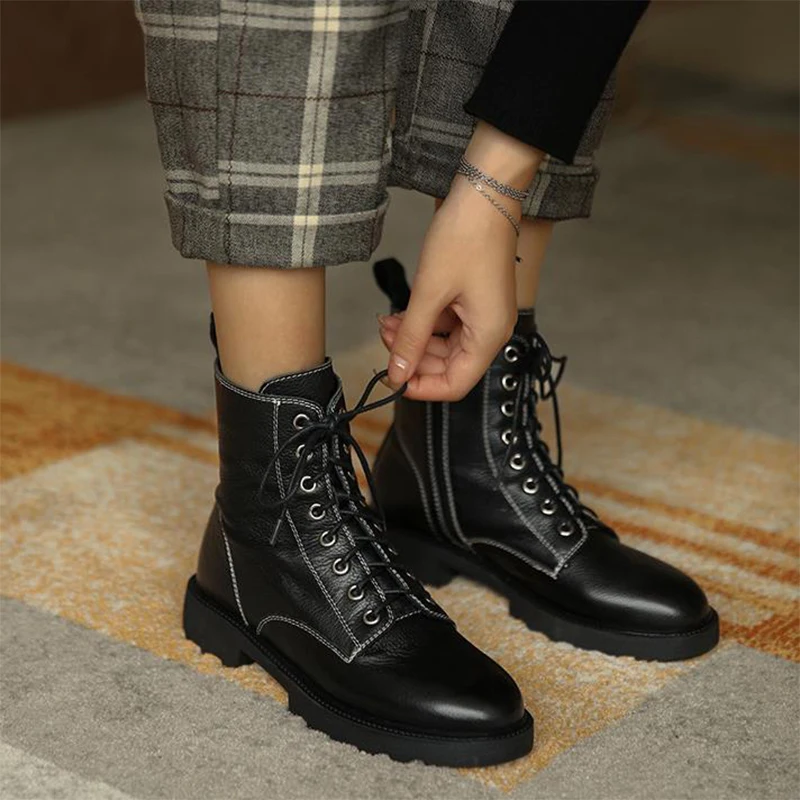 

Женские ботинки из натуральной кожи, черные повседневные ботильоны для осени и зимы, 2021