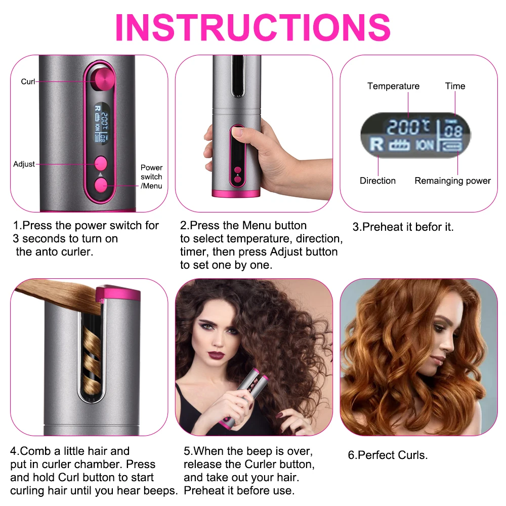 

USB Automatic Hair Curler Cordless Ceramic Curling Iron Fast Heating with LCD Display Rechargeable Curler for Hair Styling